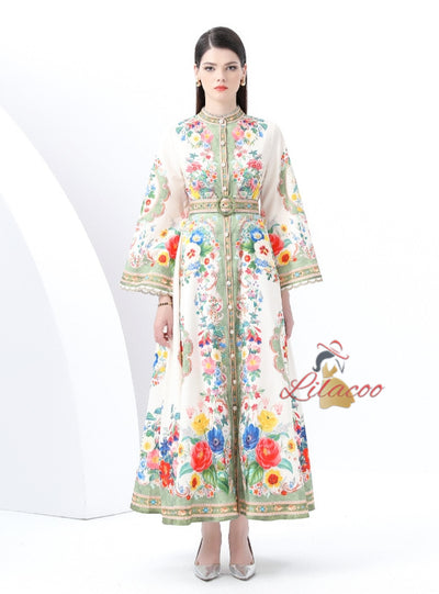 Palace Wind Horn Sleeve Button Printed Dress