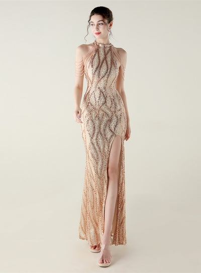 Mermaid Sequins Halter Backless Beading Prom Dress