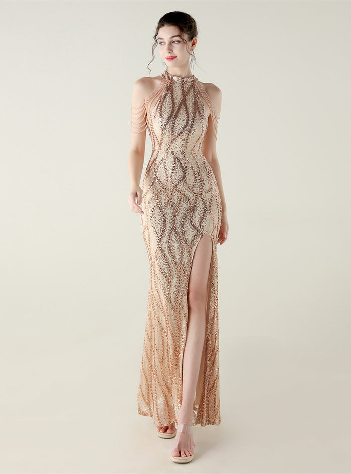 Mermaid Sequins Halter Backless Beading Prom Dress