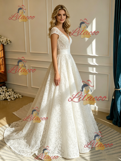 White V-neck Lace Wedding Dress