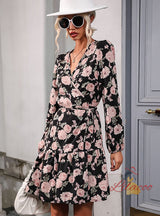 Vintage Lantern Sleeve V-neck Printed Dress