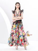 Flying Sleeve V-neck Slim Waist Printed Dress