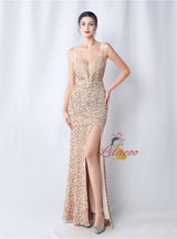 Spaghetti Straps Sequins Beading Prom Dress