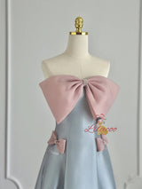 Blue Satin Strapless Bow Prom Dress