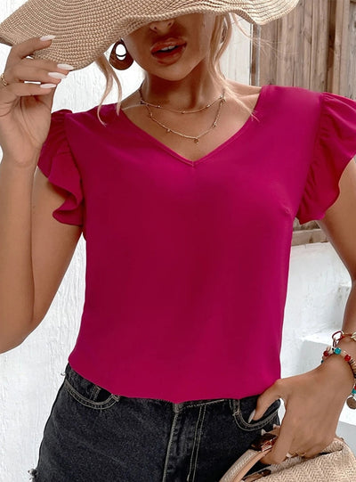 Open-back V-neck Ruffled Loose Vest Shirt