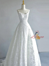 A-Line White Lace Strapless Wedding Dress