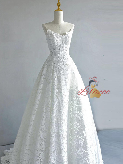 A-Line White Lace Strapless Wedding Dress