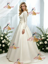 Ivory Satin Long Sleeve Flower Wedding Dress