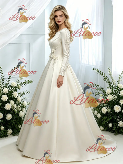 Ivory Satin Long Sleeve Flower Wedding Dress