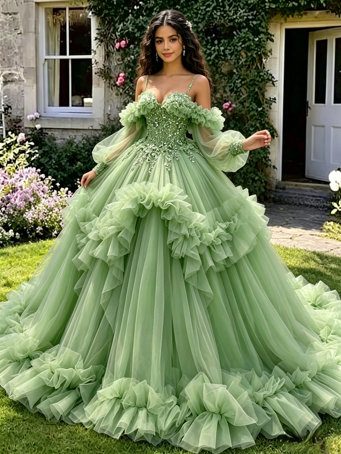 Green Tulle Straps Long Sleeve Beading Quinceanera Dress