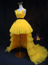 Yellow Tulle Hi Lo Pleats Prom Dress