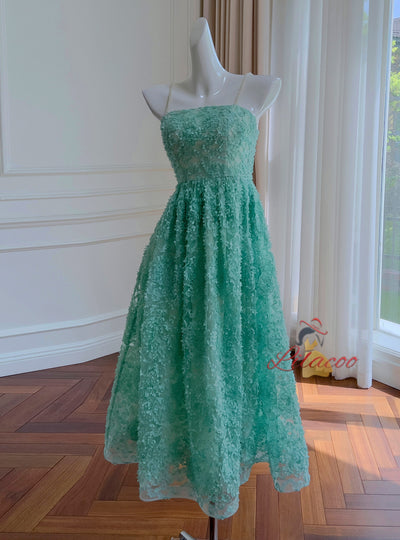 Green Spaghetti Straps Flower Prom Dress