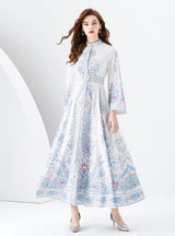 Stand-up Collar Breasted Slim Print Dress