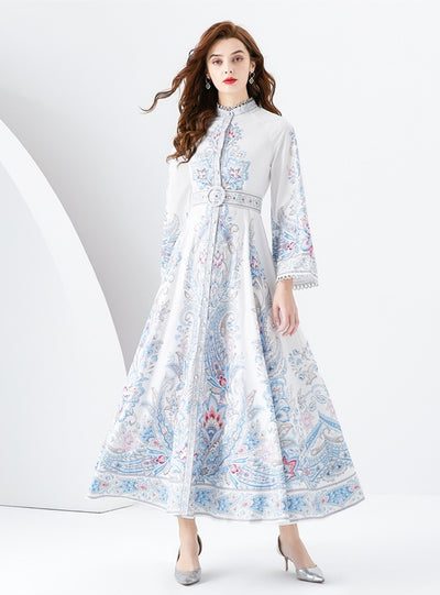 Stand-up Collar Breasted Slim Print Dress