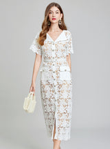 Sexy V-neck Lace Openwork Long Dress