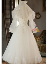 White Tulle Lace Long Sleeve Pearls Wedding Dress