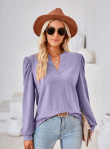 Solid Color V-neck Long Sleeve Loose T-shirt