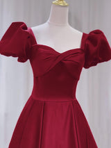 Burgundy Satin Puff Sleeve Pleats Prom Dress