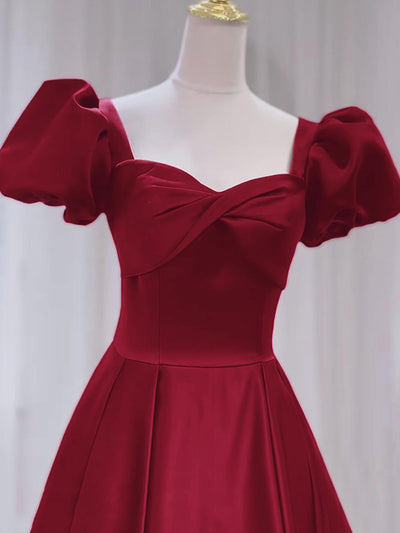 Burgundy Satin Puff Sleeve Pleats Prom Dress
