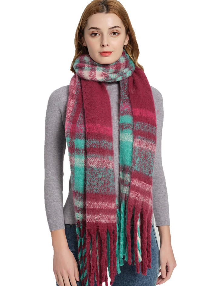 Women Plaid Fringed Scarf