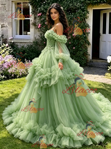 Green Tulle Straps Long Sleeve Beading Quinceanera Dress