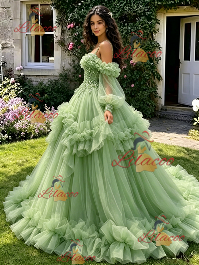 Green Tulle Straps Long Sleeve Beading Quinceanera Dress