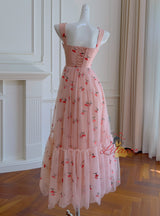 Pink Tulle Embroidered Slim Gauze Dress