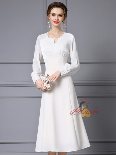 White Long Sleeve Beading Mother of the Bride Dress