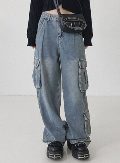 Retro Loose Big Pocket Low Waist Jeans