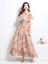 Off the Shoulder Flounced Printed Dress