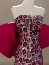 Fuchsia Sequins Strapless Bow Prom Dress