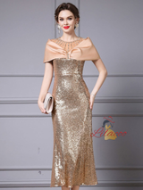Gold Sequins Beading Crystal Mother Of The Bride Dress