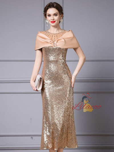 Gold Sequins Beading Crystal Mother Of The Bride Dress
