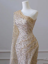 Gold Mermaid Sequins One Shoulder Split Prom Dress