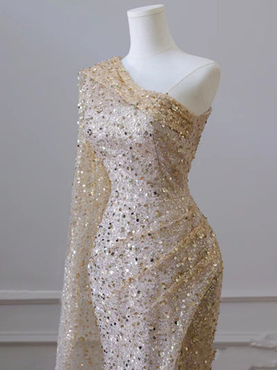 Gold Mermaid Sequins One Shoulder Split Prom Dress