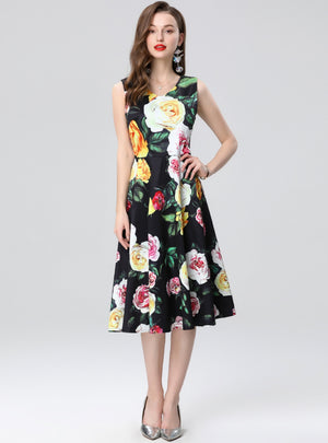 Printed Round Neck Slim Waist Dress