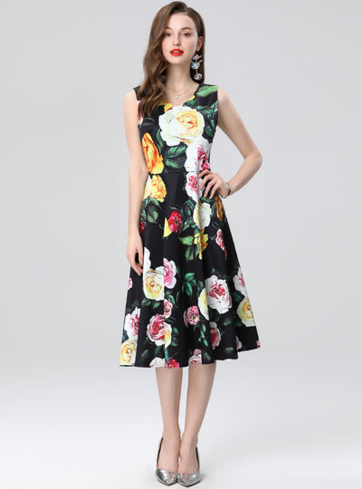 Printed Round Neck Slim Waist Dress