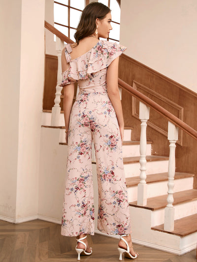 Printed Diagonal Shoulder Flounce Jumpsuit