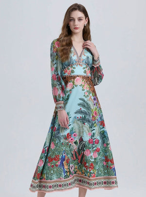 Bohemian Printed V-neck Long Sleeve Beach Dress