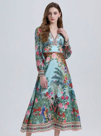 Bohemian Printed V-neck Long Sleeve Beach Dress
