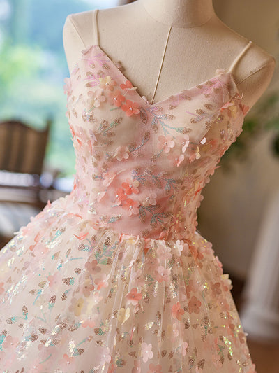 Champagne Tulle Sequins Spaghetti Straps Prom Dress