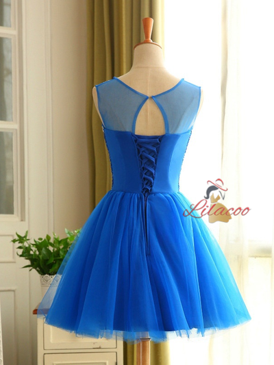 Blue Tulle Backless Beading Homecoming Dress