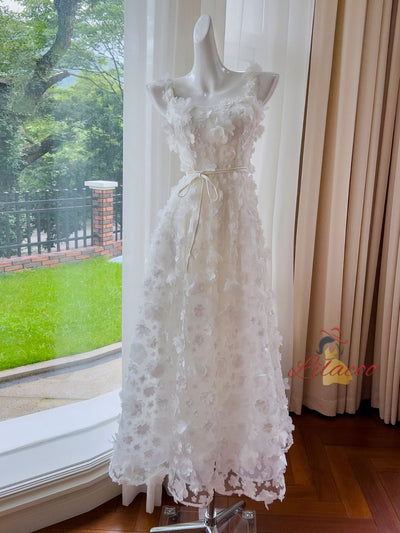 White Tulle Straps 3D Flower Prom Dress