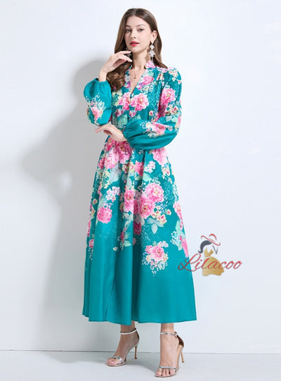 Retro Printed Breasted Bubble Sleeve Dress