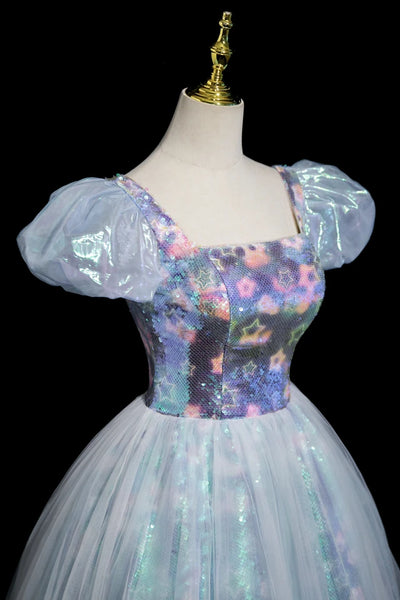 Blue Tulle Sequins Puff Sleeve Homecoming Dress