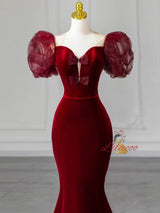 Black Mermaid Velvet Puffy Sleeve Prom Dress