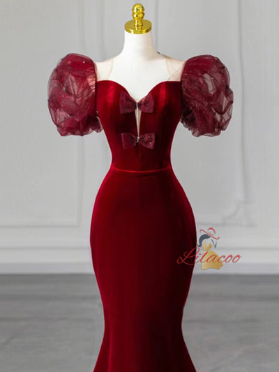 Black Mermaid Velvet Puffy Sleeve Prom Dress
