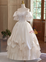 Vintage White Satin Lace Puff Sleeve Wedding Dress