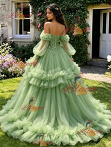 Green Tulle Straps Long Sleeve Beading Quinceanera Dress