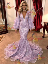 Purple Mermaid Sequins Long Sleeve Prom Dress